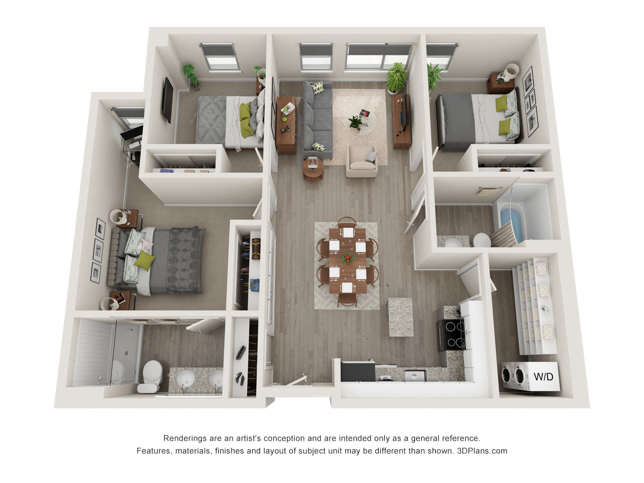 Floor plan for 3 beds, 2 baths, 1034 sqft